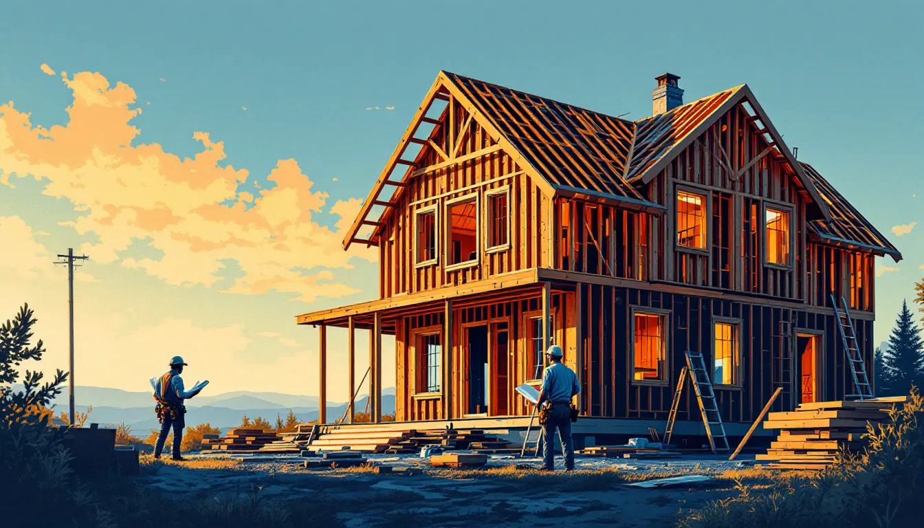 Illustration of a framed home addition at golden hour with a contractor holding rolled plans