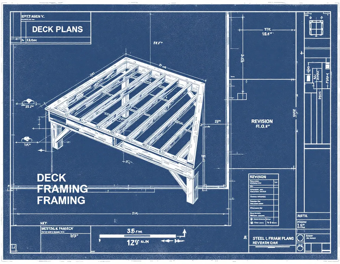 Illustration of a clean permit sheet with a deck framing plan, dimension lines and a title block