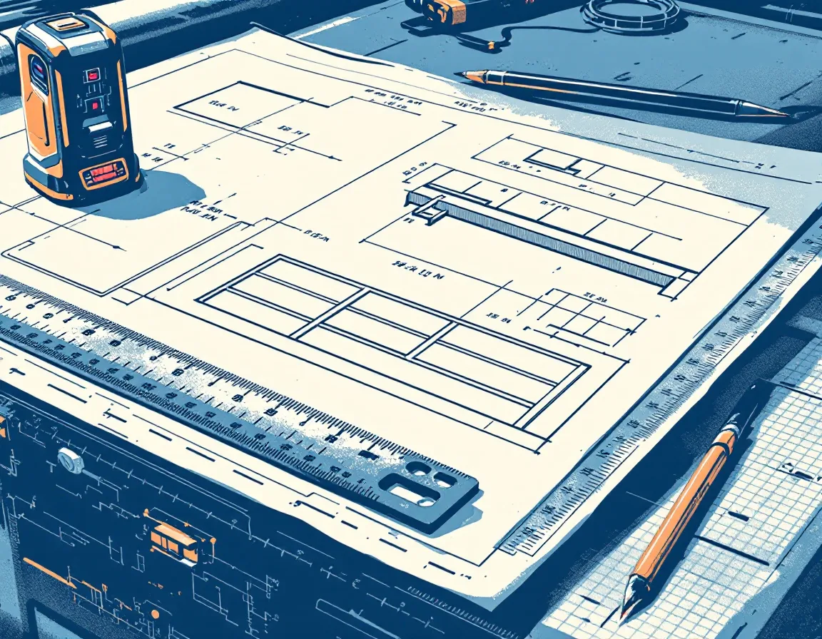 Illustration of a deck framing plan on a drafting desk beside a scale ruler and laser measure